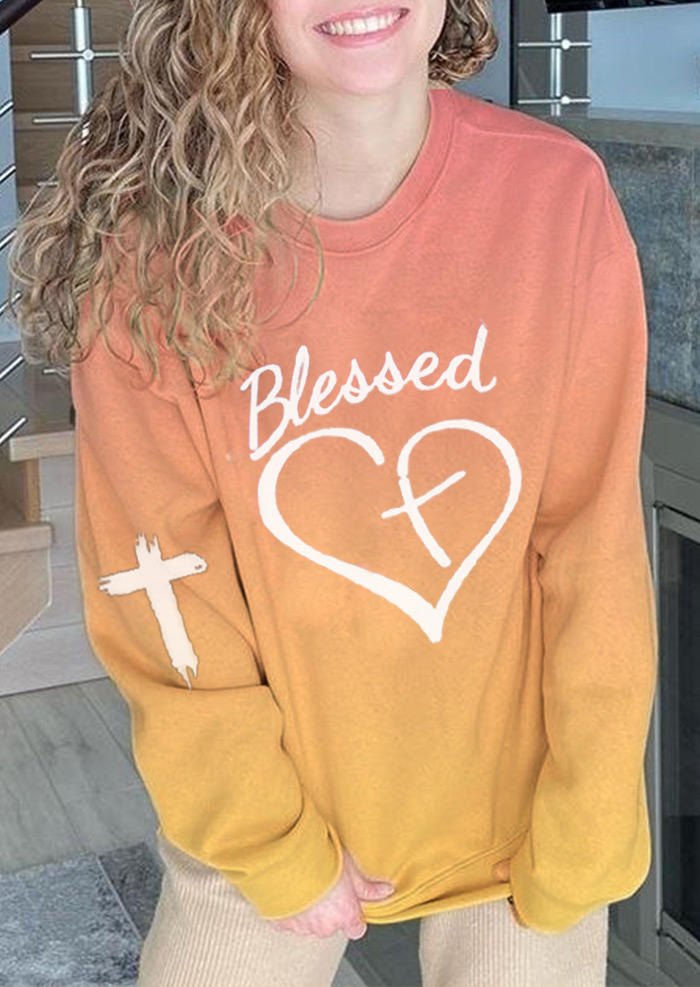 

Sweatshirts Gradient Blessed Cross Heart Pullover Sweatshirt in Orange. Size: ,M,L,XL