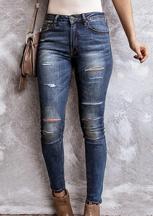 

Pants Ripped Hole Pocket Button Denim Jeans Pants in Deep Blue. Size