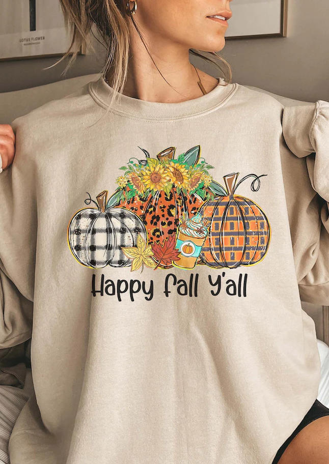 

Sweatshirts Leopard Plaid Happy Fall Y'all Pumpkin Sweatshirt in Apricot. Size: ,M,L,XL