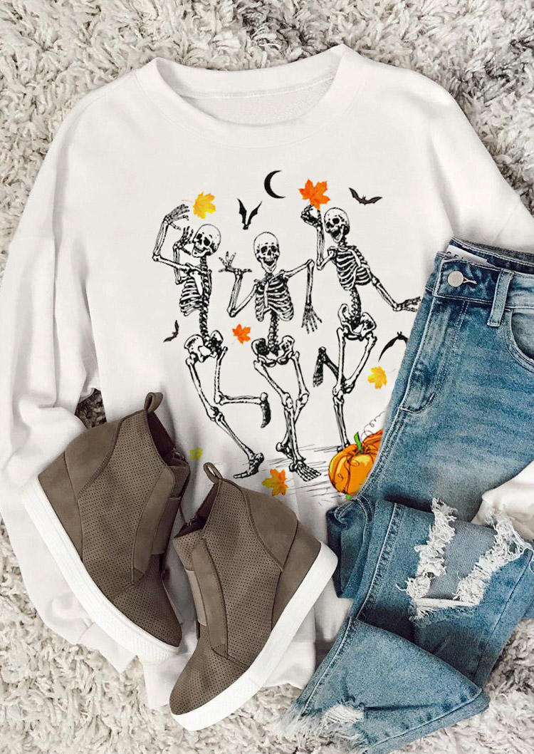 Sweatshirts Dancing Skeleton Pumpkin Sweatshirt in White. Size: M,XL