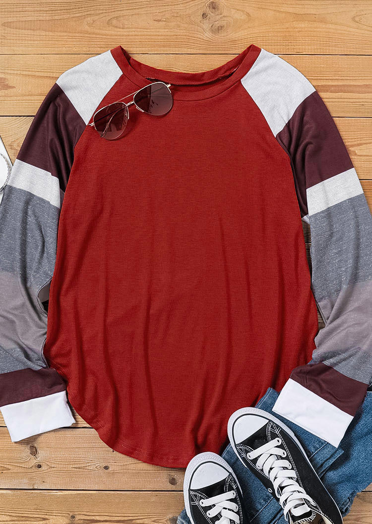 

Blouses Color Block O-Neck Long Sleeve Blouse - Burgundy in Red. Size