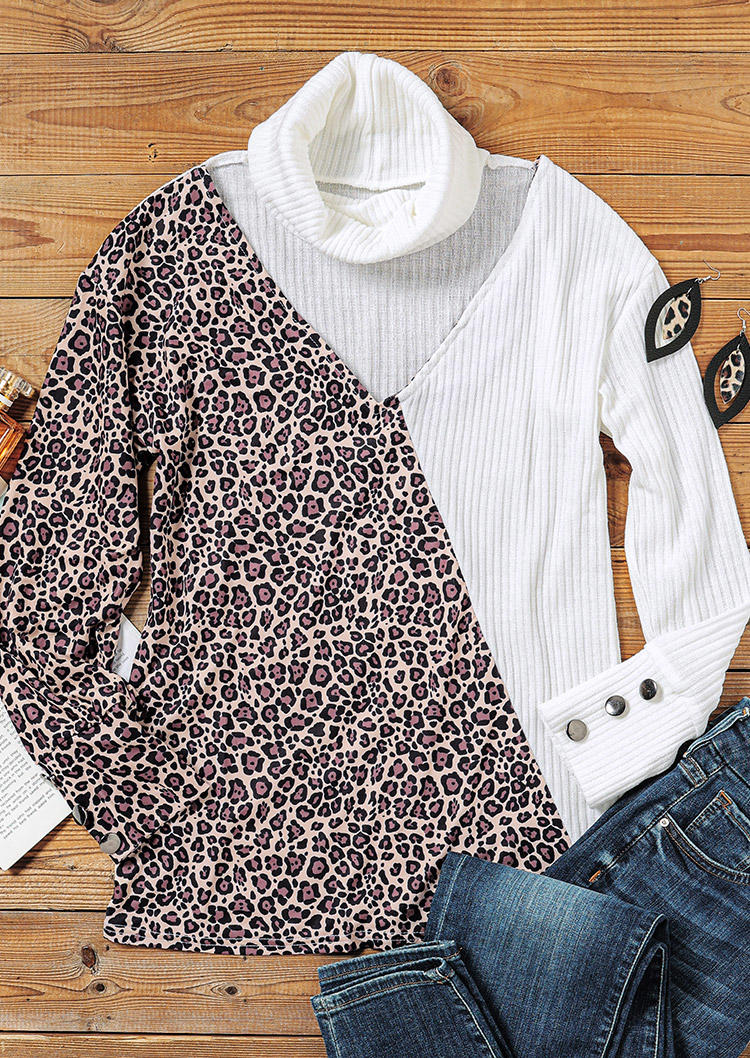 Blouses Leopard Button Hollow Out Turtleneck Blouse in White. Size: M