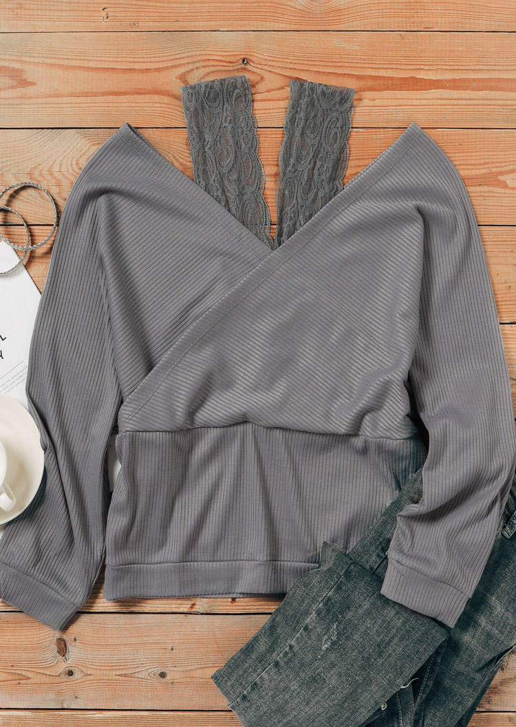 Blouses Lace Wrap Long Sleeve Blouse in Gray. Size: M