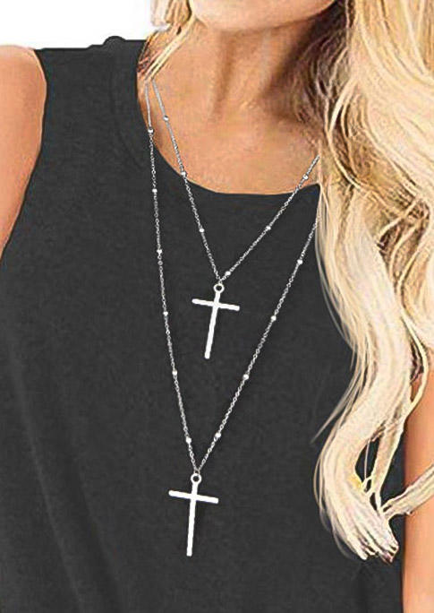 

Necklaces Double-Layered Beading Cross Necklace in Silver. Size