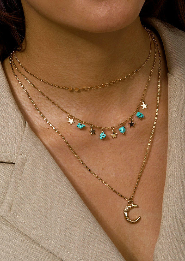 

Necklaces Turquoise Star Crescent Moon Multi-Layered Necklace in Gold. Size