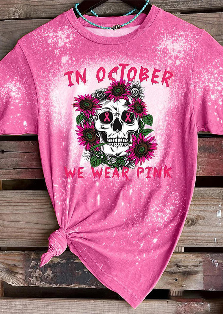 

T-shirts Tees Halloween Skull In October We Wear Pink Bleached T-Shirt Tee in Pink. Size