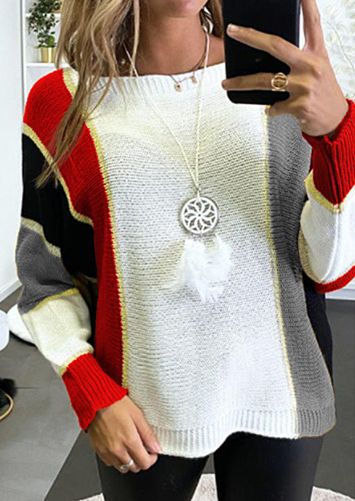 

Sweaters Color Block Knitted Pullover Long Sleeve Sweater in Multicolor. Size
