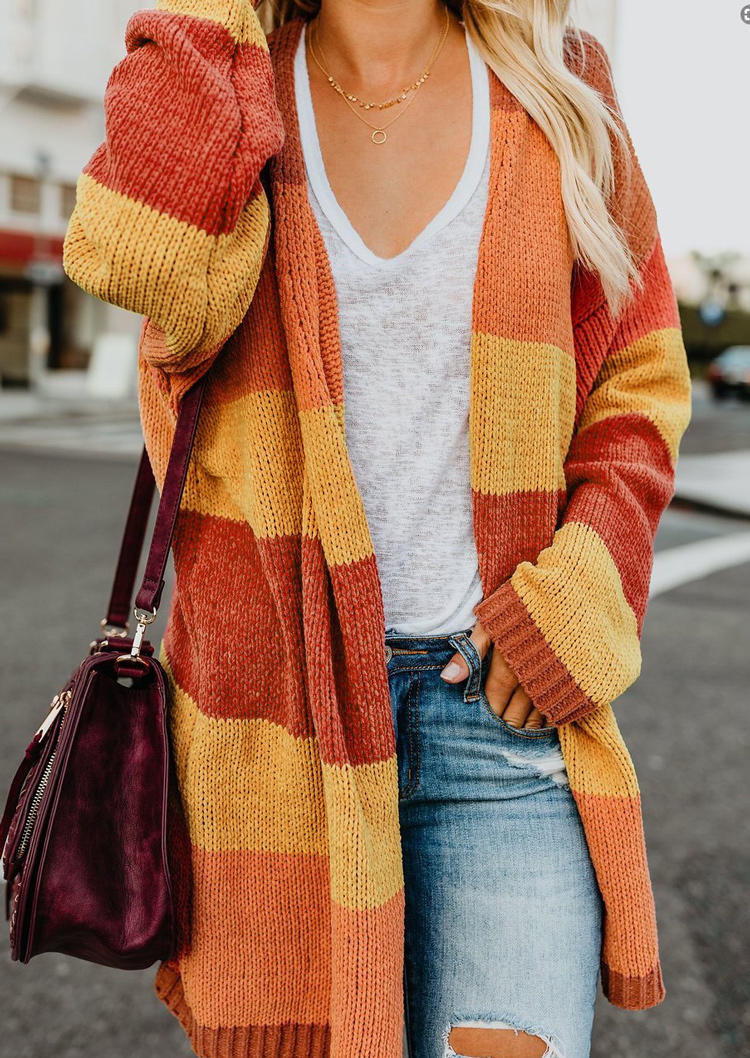 

Cardigans Striped Color Block Long Sleeve Sweater Cardigan in Multicolor. Size: ,M