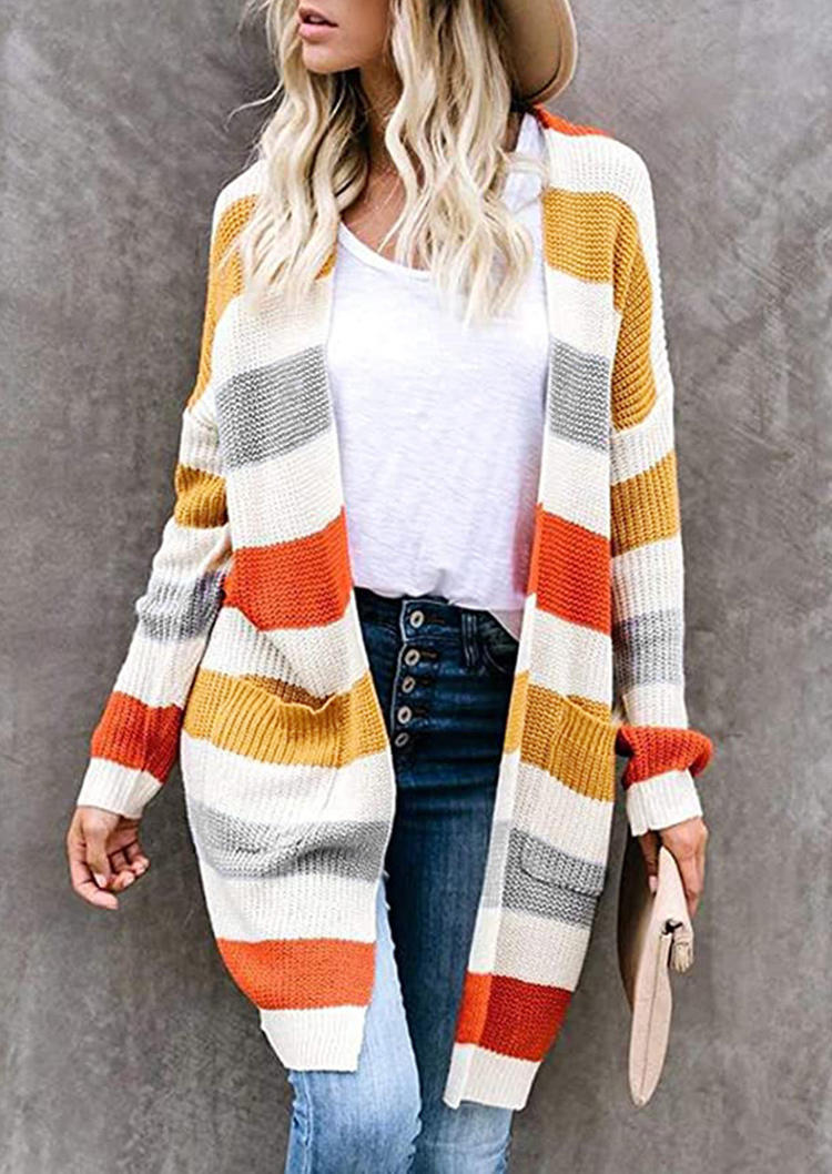 

Cardigans Striped Knitted Color Block Pocket Cardigan in Multicolor. Size