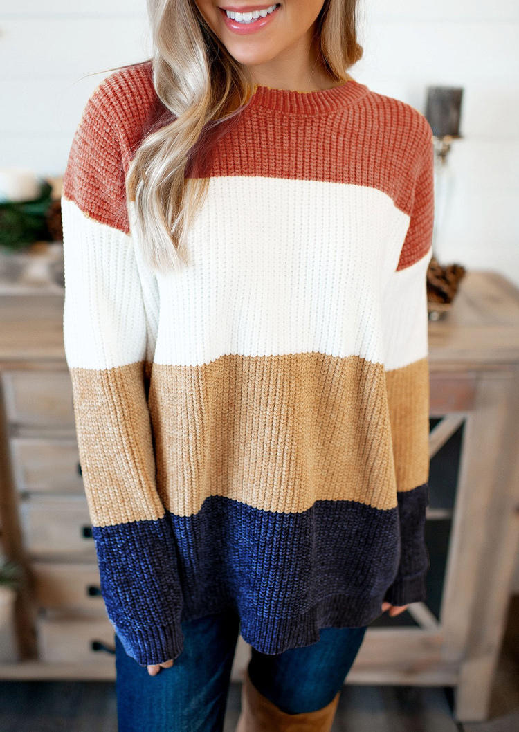 Sweaters Color Block Long Sleeve O-Neck Sweater in Multicolor. Size: L,M,S,XL
