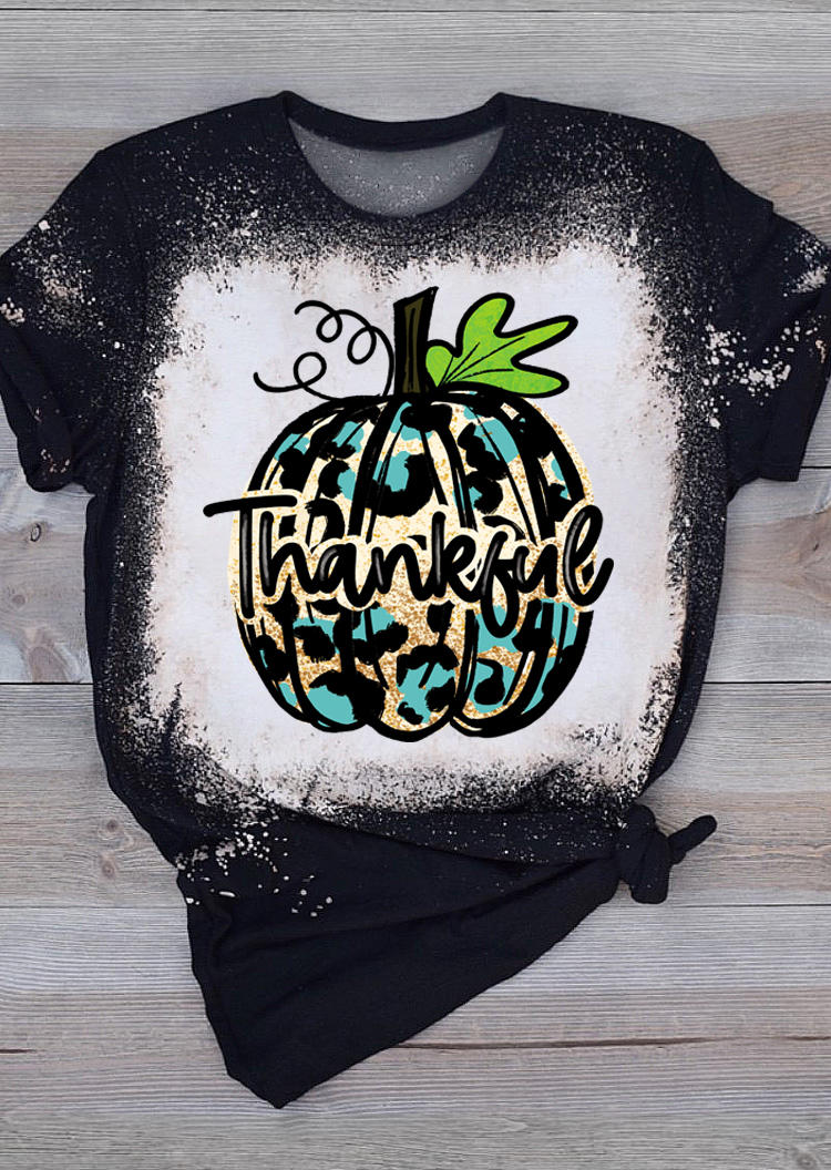 Thankful Pumpkin Bleached T-Shirt Tee - Black