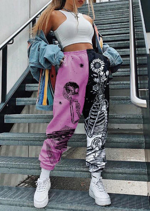 

Pants Halloween Skeleton Sunflower Color Block Sweatpants in Black. Size
