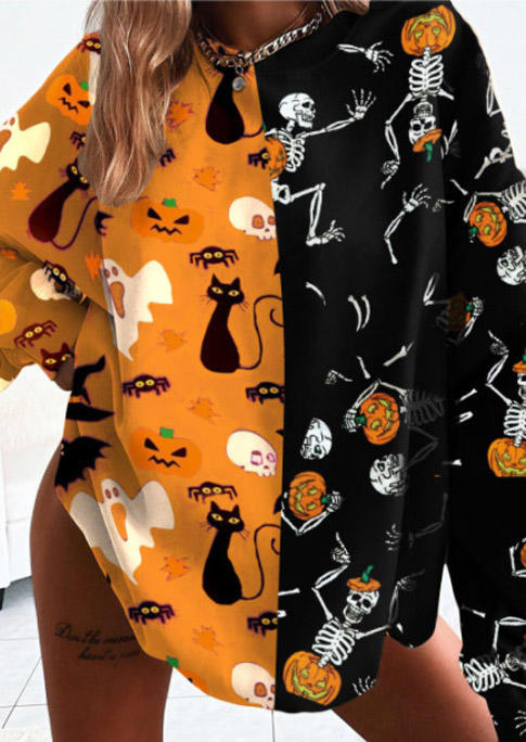 

Sweatshirts Halloween Pumpkin Skeleton Cat Color Block Sweatshirt in Black. Size: ,M,L,XL