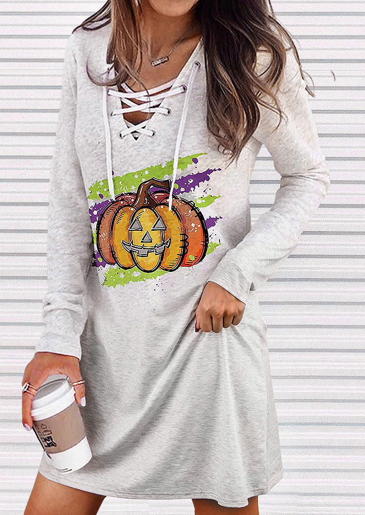 Lace Up Pumpkin Long Sleeve Mini Dress - Light Grey