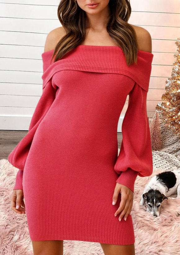 

Mini Dresses Off Shoulder Lantern Sleeve Mini Dress in Rose Red. Size