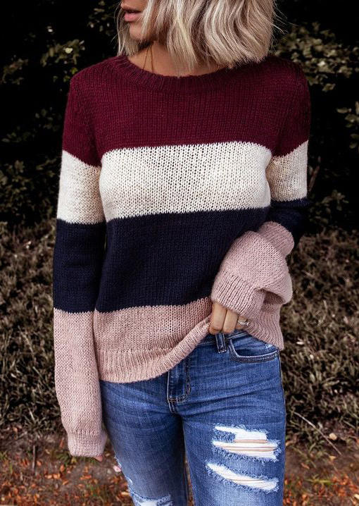 Color Block Long Sleeve O-Neck Sweater