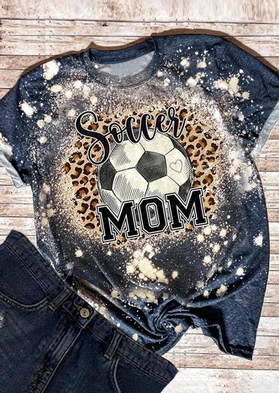T-shirts Tees Soccer Mom Football Leopard Bleached T-Shirt Tee in Navy Blue. Size: S