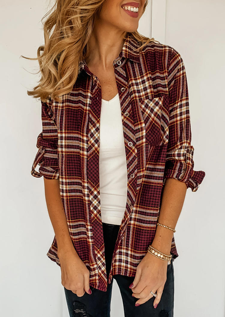 

Shirts Plaid Button Pocket Long Sleeve Turn-down Collar Shirt in Plaid. Size