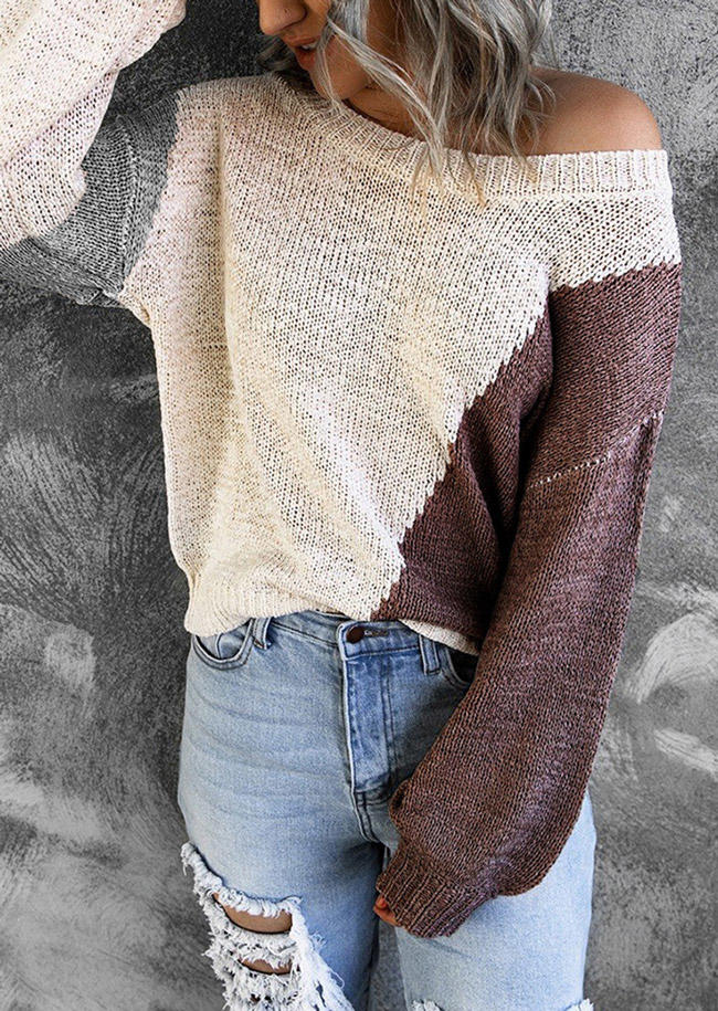 

Sweaters Color Block O-Neck Long Sleeve Sweater in Apricot. Size