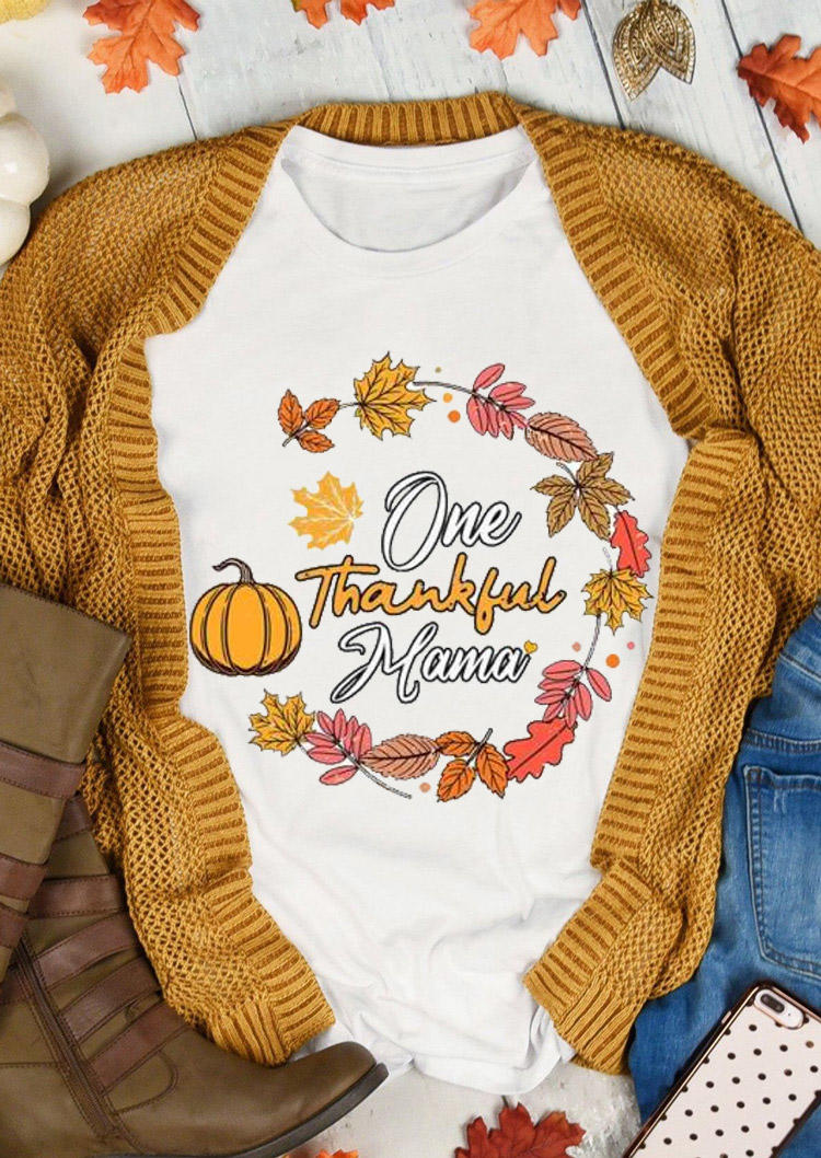 

T-shirts Tees Thanksgiving One Thankful Mama Pumpkin T-Shirt Tee in White. Size