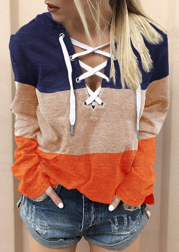 

Hoodies Color Block Lace Up Long Sleeve Hoodie in Multicolor. Size