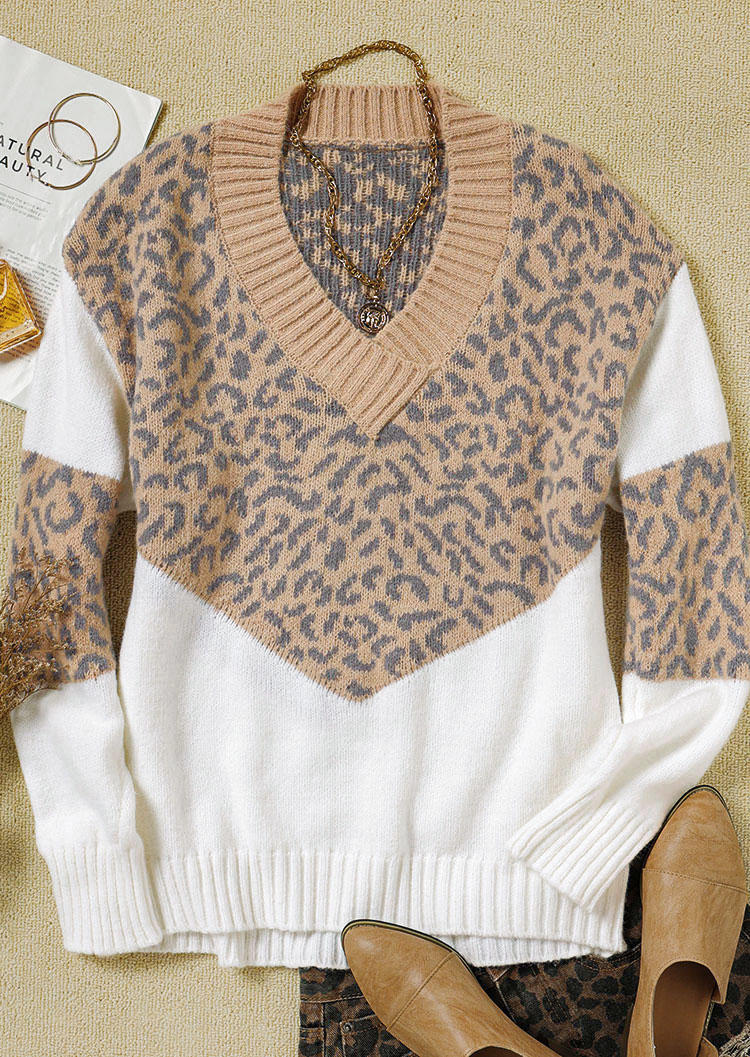 Leopard Color Block V-Neck Sweater - Apricot