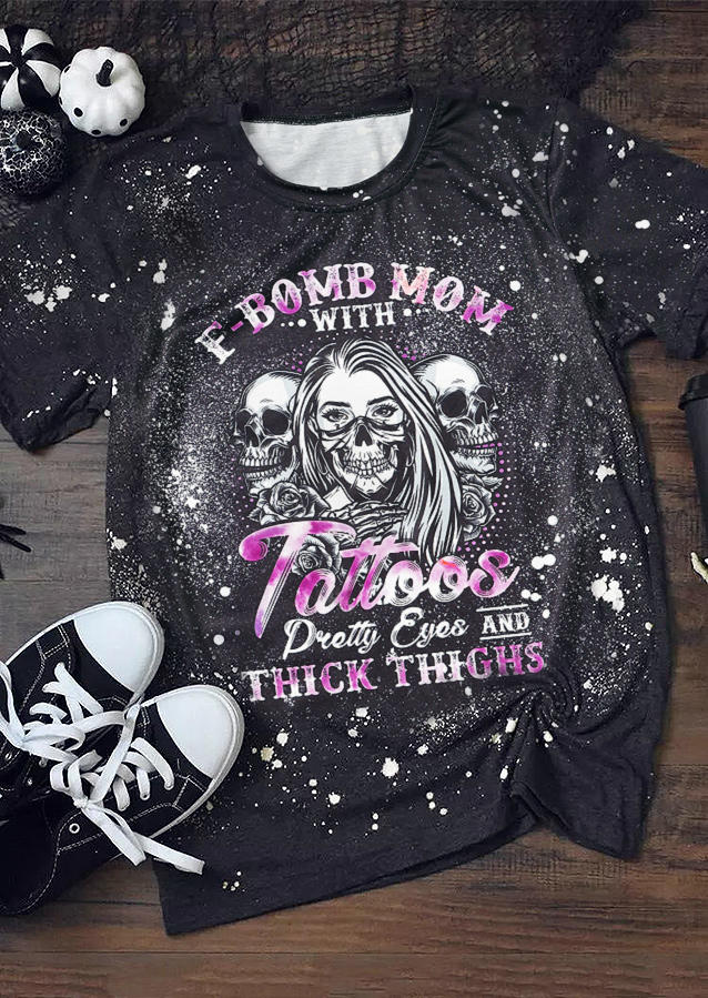 T-shirts Tees F-Bomb Mom Tattoos Bleached T-Shirt Tee in Black. Size: L,M,S,XL