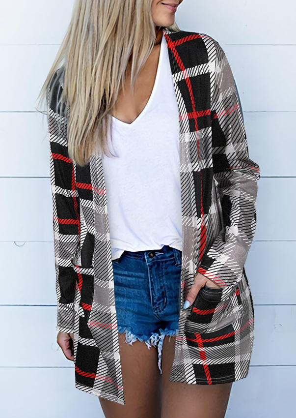 

Cardigans Plaid Pocket Long Sleeve Casual Cardigan in Multicolor. Size