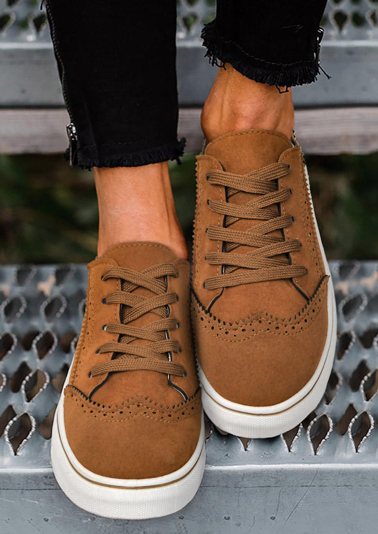 

Sneakers Perforated Lace Up Round Toe Flat Sneakers in Brown. Size