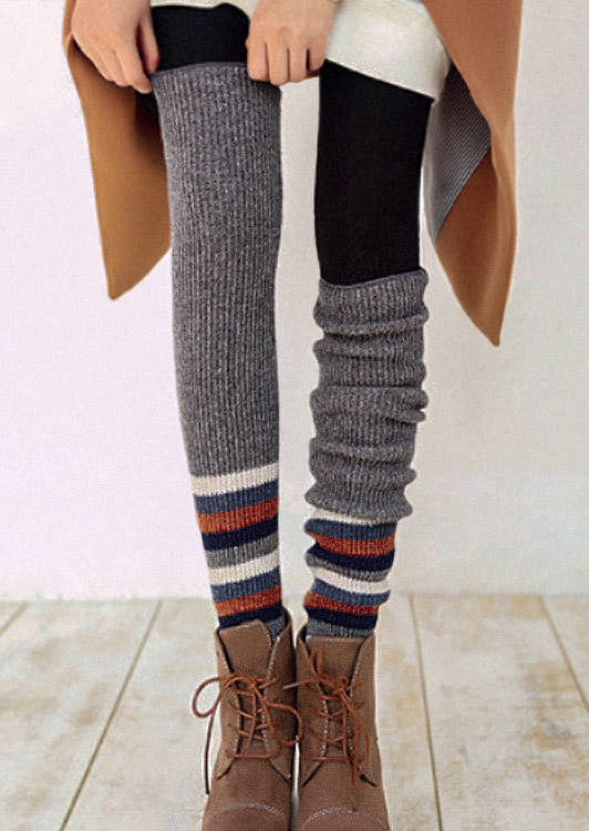 

Knee-High Socks Colorful Striped Splicing Thigh-High Crimping Socks in Gray. Size