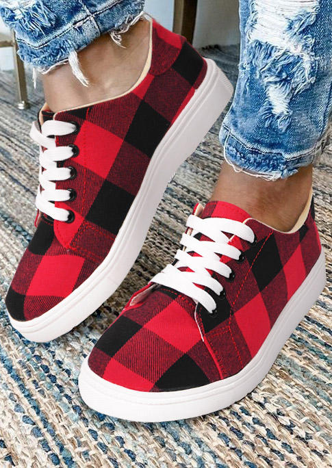 

Sneakers Buffalo Plaid Lace Up Round Toe Flat Sneakers in Red. Size