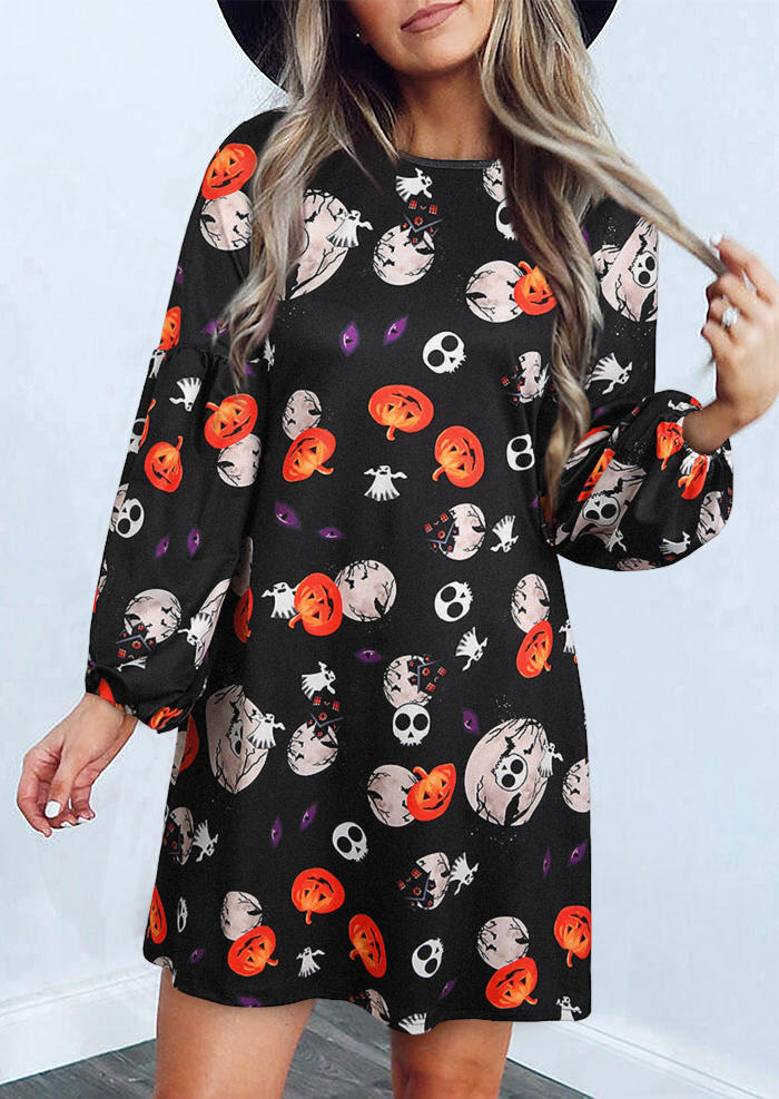 Pumpkin Skull Ghost Mini Dress - Black