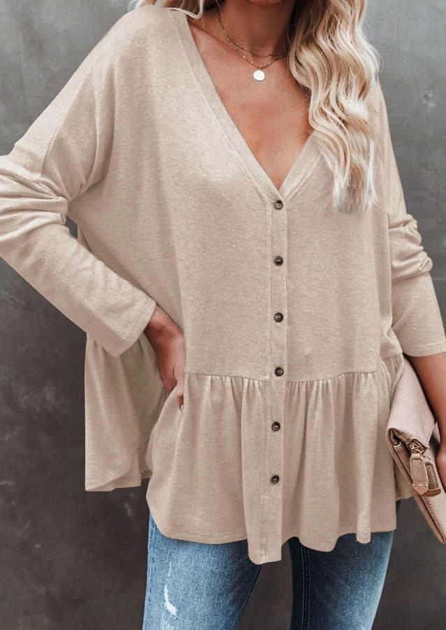 Blouses Ruffled Knitted Button V-Neck Blouse in Apricot. Size: S