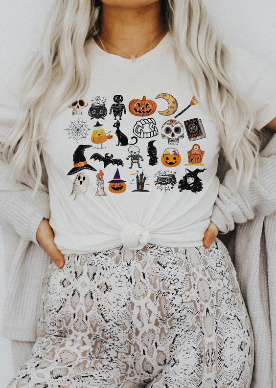 

T-shirts Tees Halloween Pumpkin Face Skeleton Ghost T-Shirt Tee in White. Size