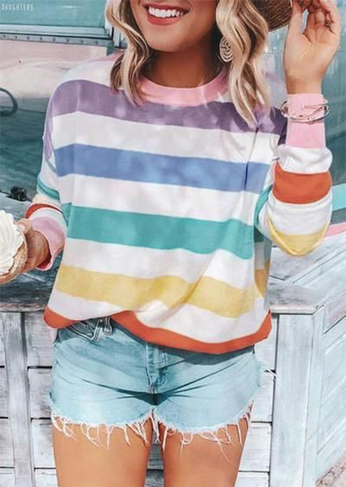 

Blouses Colorful Striped Long Sleeve O-Neck Blouse in Multicolor. Size: ,M,L,XL