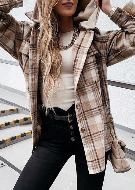 

Coats Plaid Button Decorative Fake Pocket Hooded Coat in Coffee. Size: ,M,L,XL