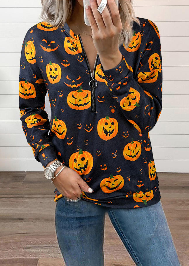 

Blouses Halloween Pumpkin Face Zipper Blouse in Dark Grey. Size