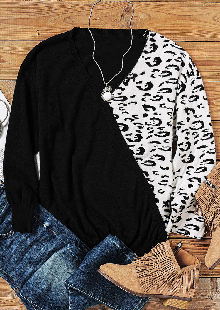 Leopard Splicing Long Sleeve V-Neck Sweater - Black