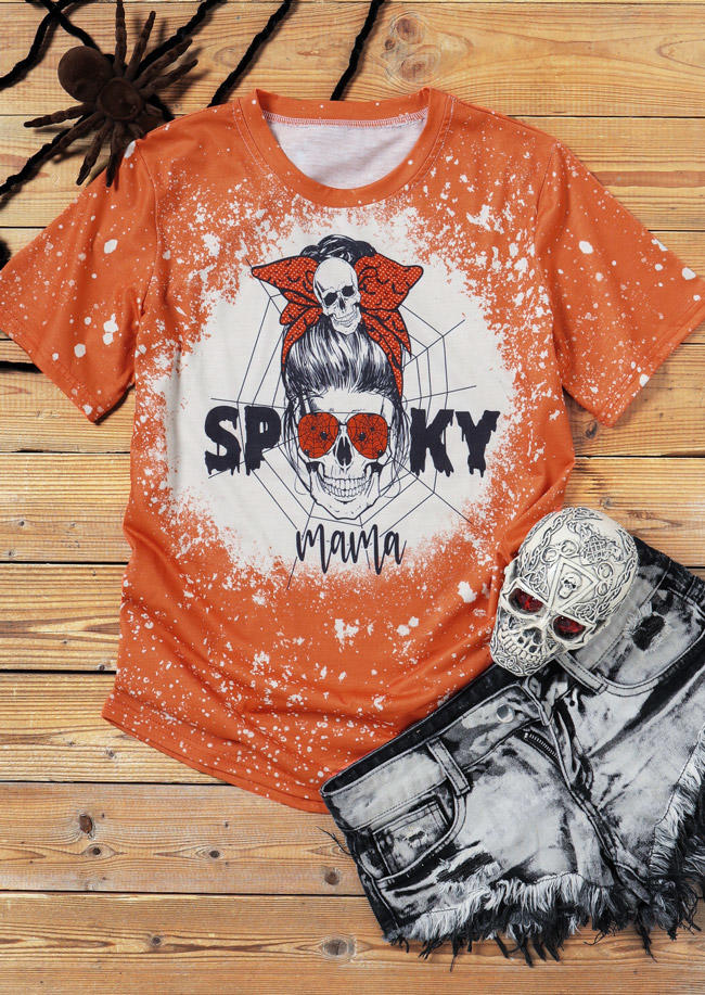 T-shirts Tees Spooky Mama Skull Bleached T-Shirt Tee in Orange. Size: S,L,XL