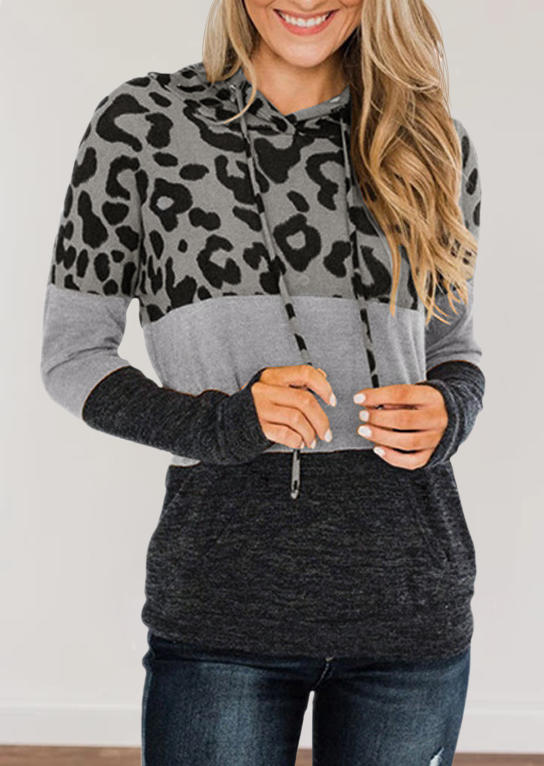 

Hoodies Leopard Color Block Kangaroo Pocket Hoodie in Gray. Size