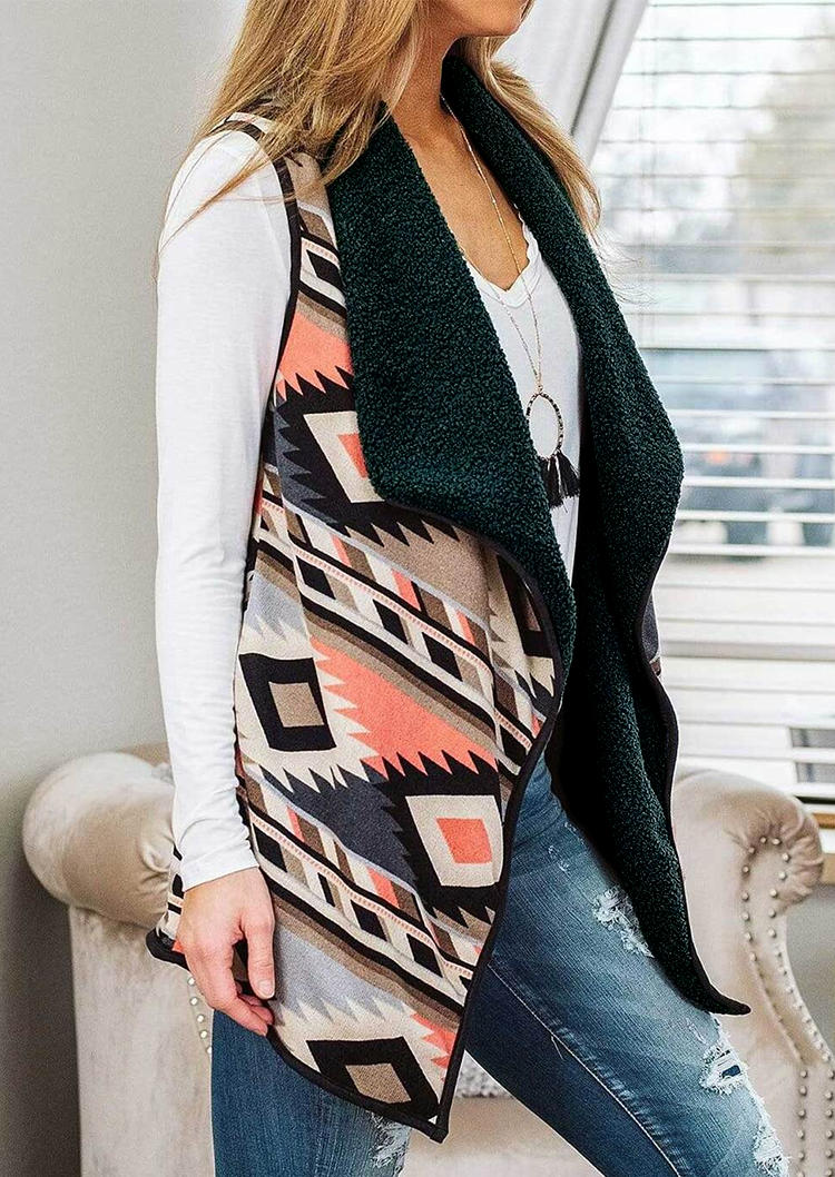 

Coats Aztec Geometric Turn-down Collar Sleeveless Vest Coat in Multicolor. Size