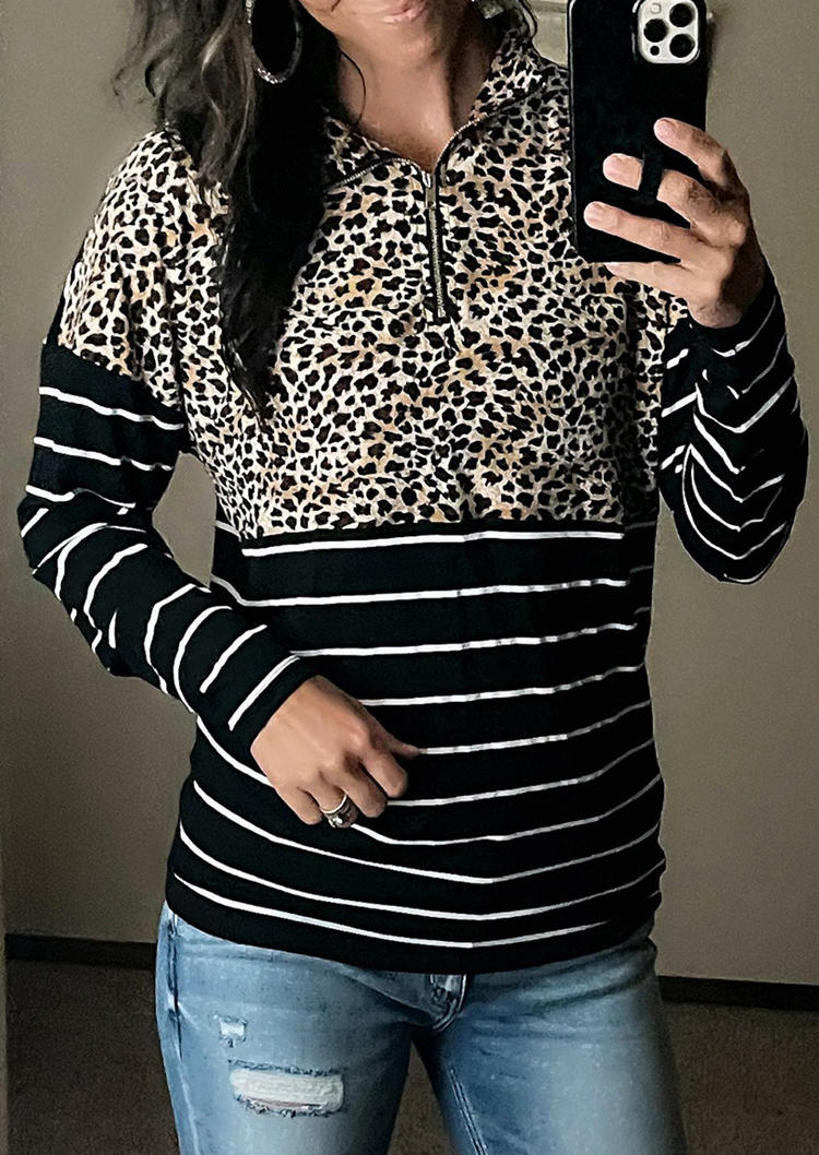 Leopard Striped Zipper Sweatshirt