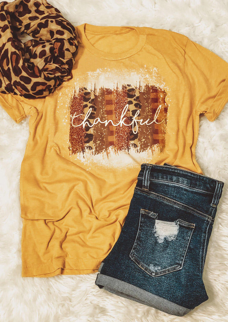 

T-shirts Tees Thankful Leopard Plaid Bleached T-Shirt Tee in Yellow. Size: ,M,L