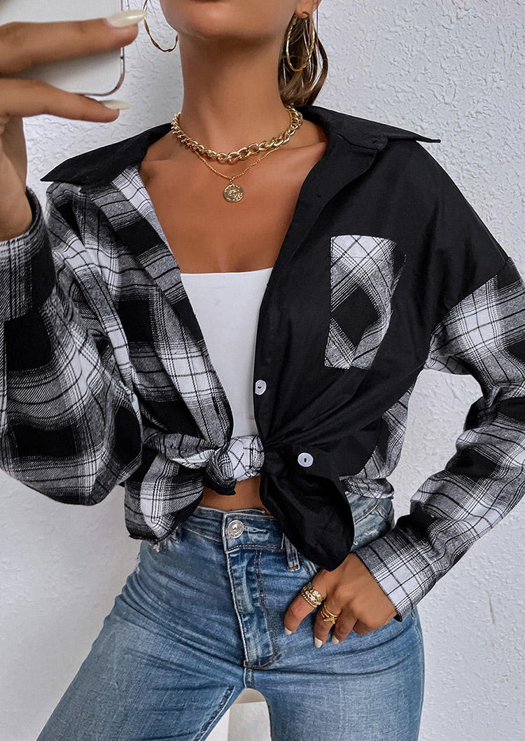 

Shirts Plaid Pocket Button Turn-Down Collar Shirt in Black. Size: ,M,L,XL