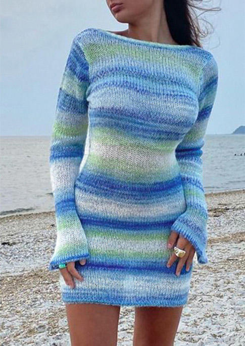 

Mini Dresses Striped Open Back Knitted Mini Dress in Blue. Size: ,M,L