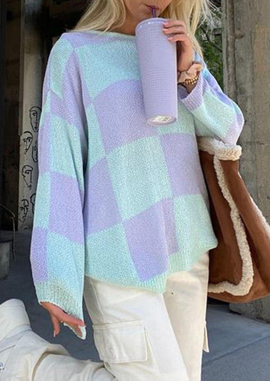 

Sweaters Plaid Drop Shoulder Loose Sweater in Blue. Size: ,M,L
