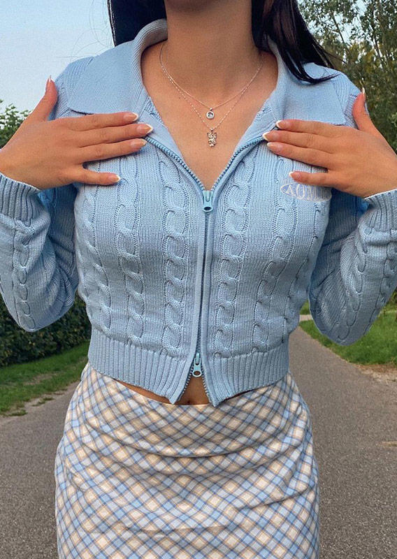 

Cardigans Zipper Knitted Long Sleeve Sweater Cardigan in Blue. Size: ,M,L,XL