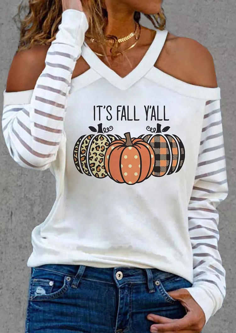 Blouses It's Fall Y'all Leopard Plaid Pumpkin Cold Shoulder Blouse in White. Size: 2XL,3XL,L,M