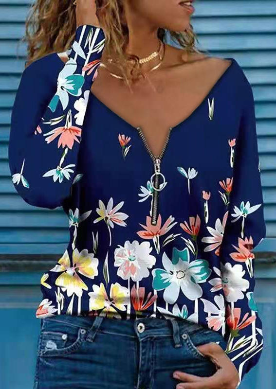 

Blouses Floral Zipper Long Sleeve Blouse in Blue. Size