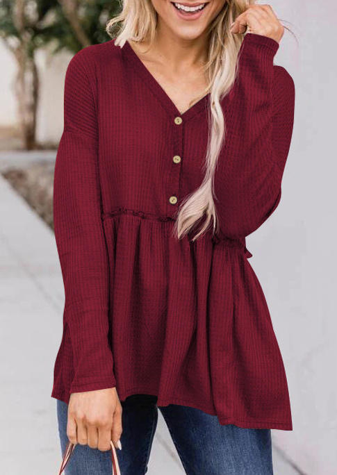 

Blouses Waffle Splicing Button Long Sleeve Blouse in Burgundy. Size